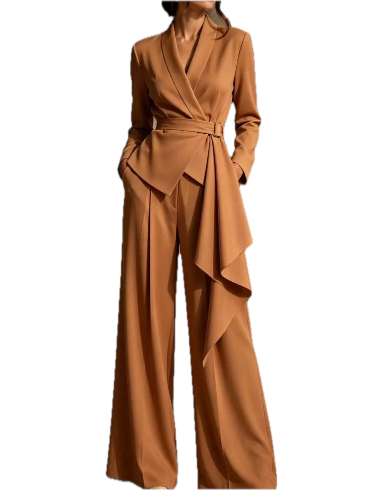 Full Size Belted Blazer and Wide-Leg Pants Set for Women Plus Size