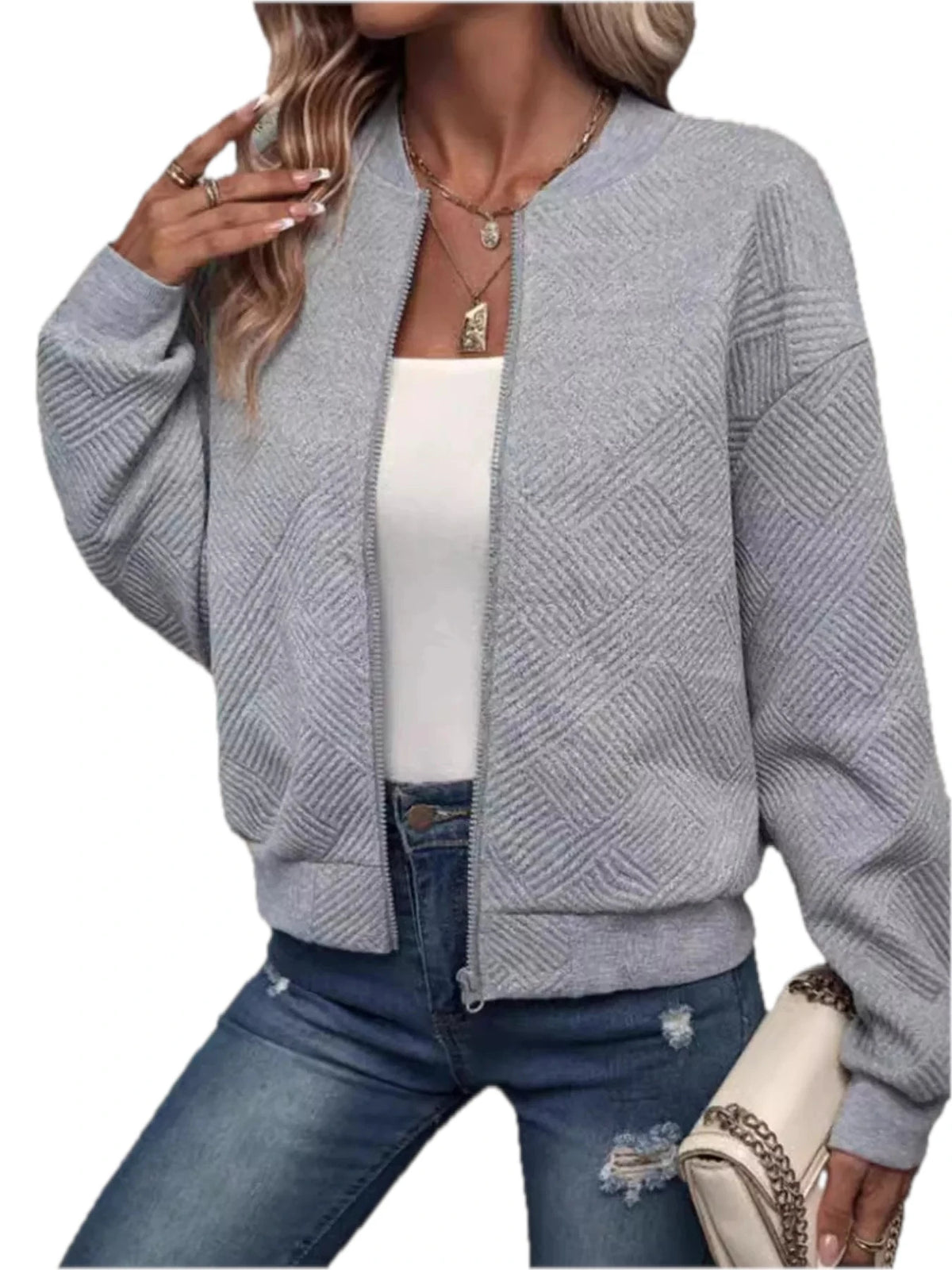 Textured Knit Zip-Up Jacket for Women