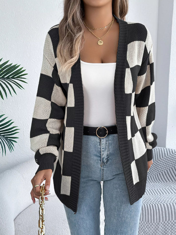 Checkerboard Pattern Open Front Knit Cardigan for Women
