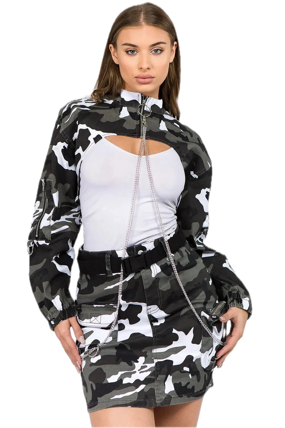 American Bazi Camouflage Cropped Jacket for Women with Chains