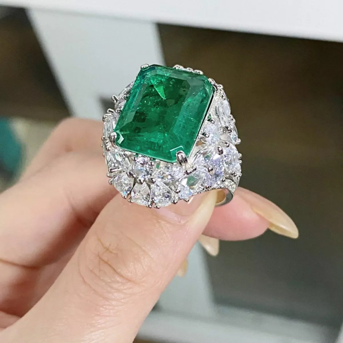 925 Sterling Silver Zircon Ring for Women in Dark Green