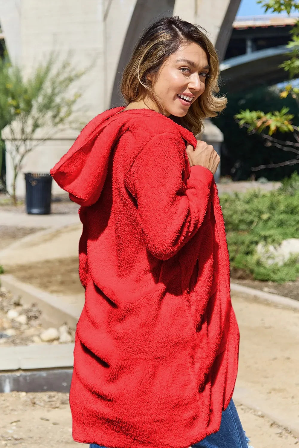 Double Take Women's Full Size Hooded Teddy Bear Jacket with Thumbholes