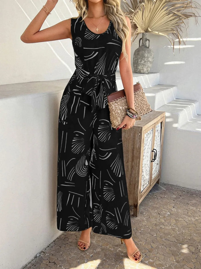 Devine Women's Printed Round Neck Sleeveless Tie Waist Jumpsuit