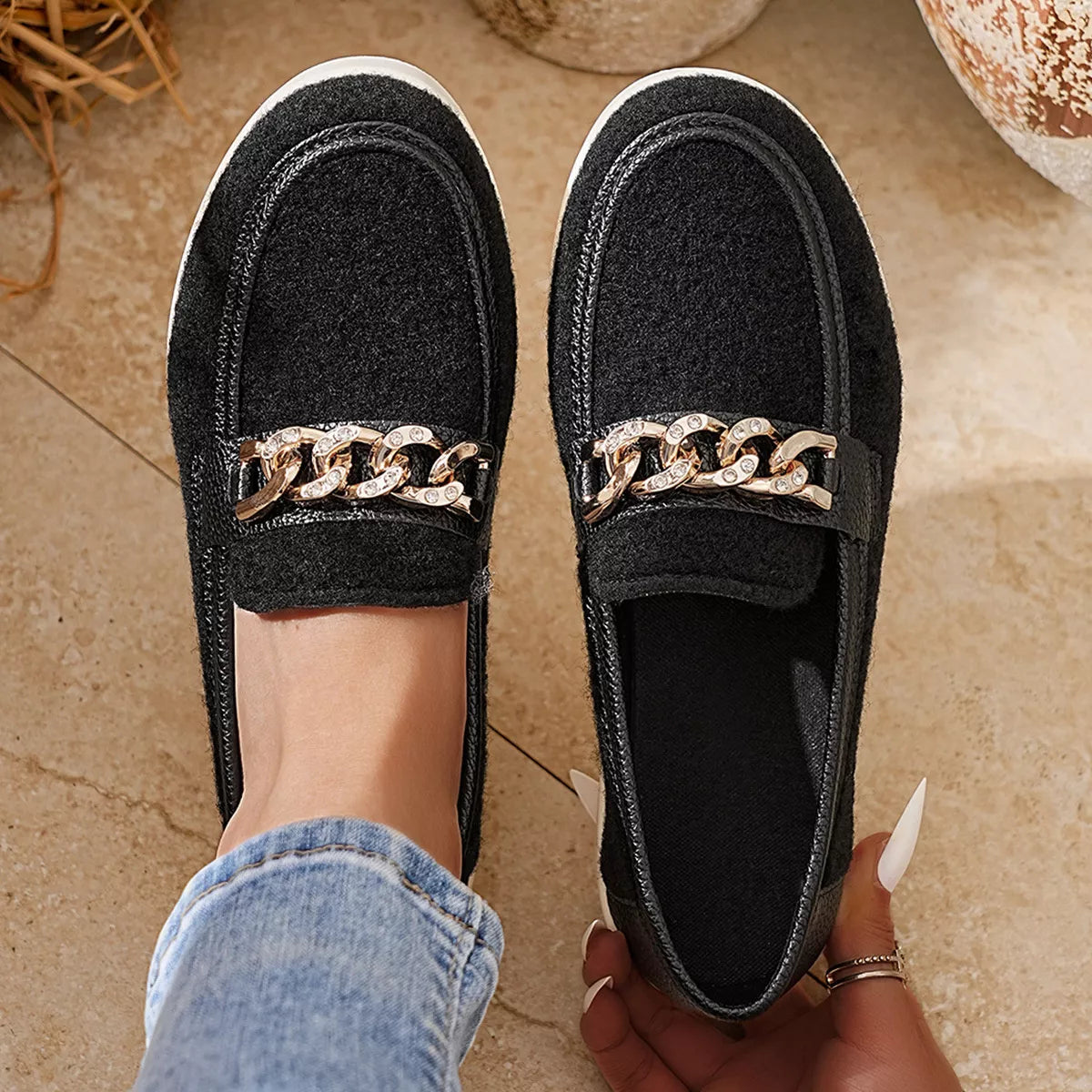 Chain Detail Platform Slip-On Shoes