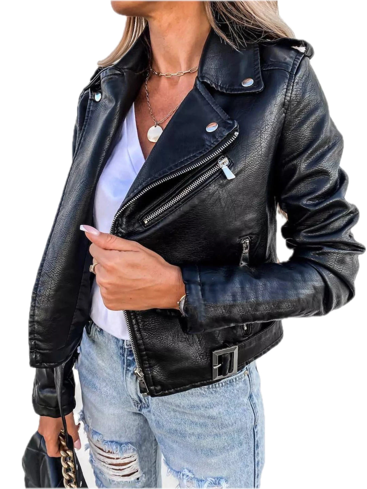 Full Size Zip Up Leather Motorcycle Biker Jacket for Women Plus Size