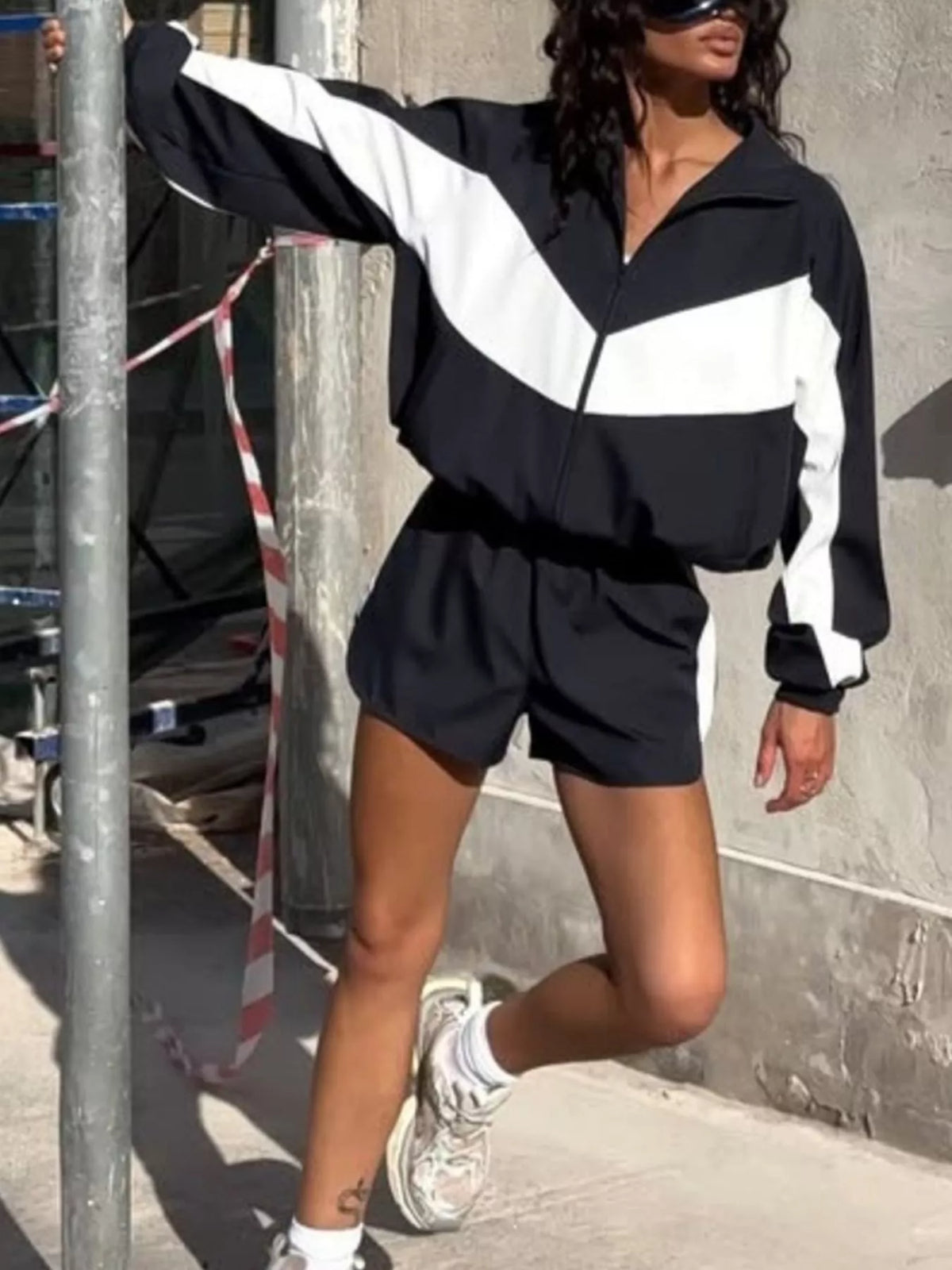 Color Block Zip Up Jacket and Shorts Set