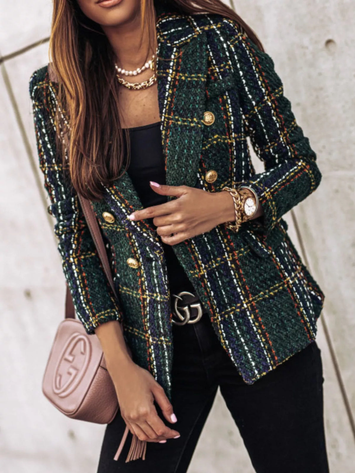 Plaid Tweed Double Breasted Blazer Plus Size
