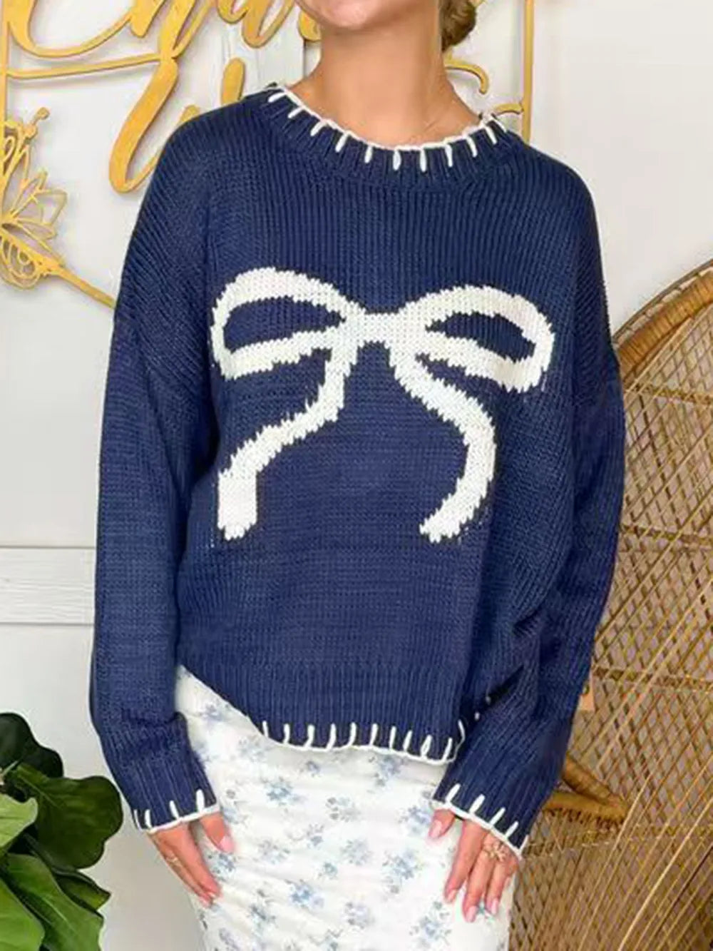 Acrylic Bow Crew Neck Long Sleeve Sweater
