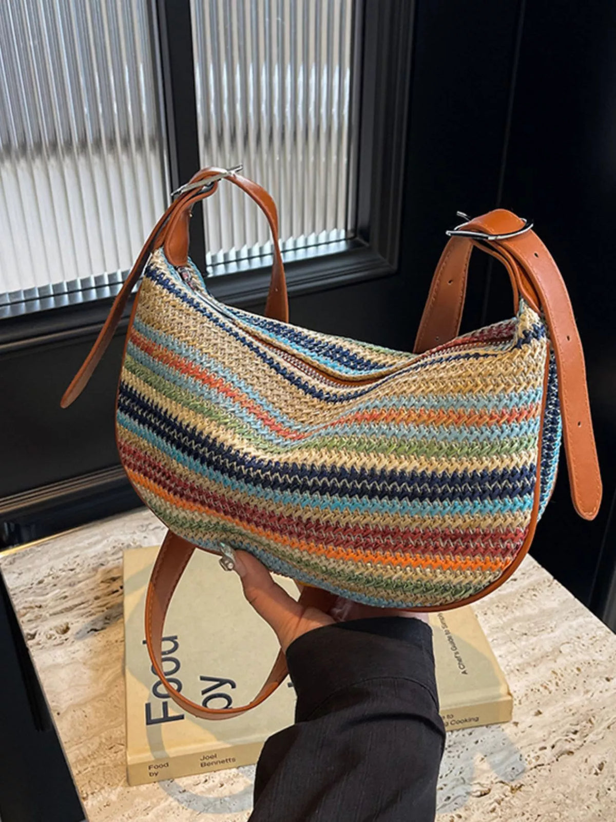 Striped Straw Woven Crossbody Bag for Women