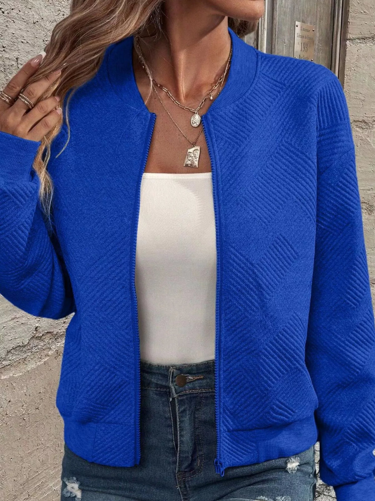 Textured Knit Zip Up Jacket