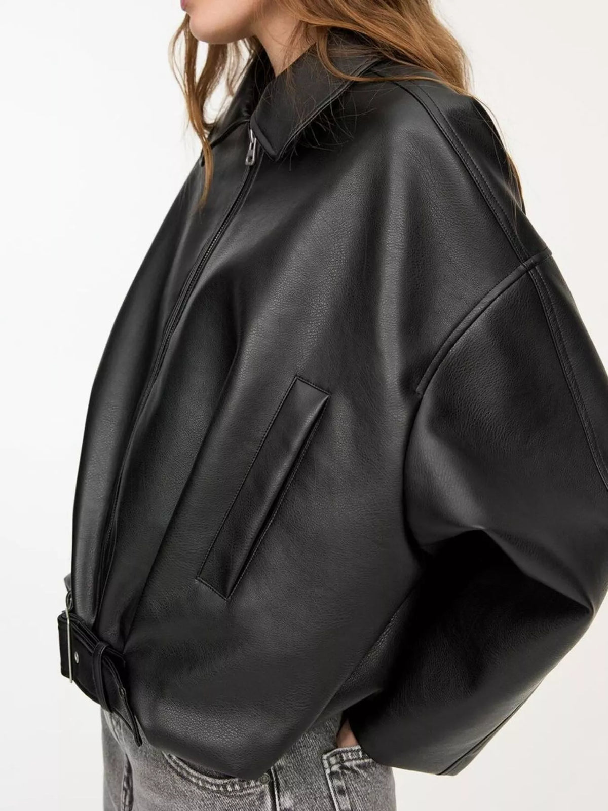 Belted Faux Leather Zip Up Jacket