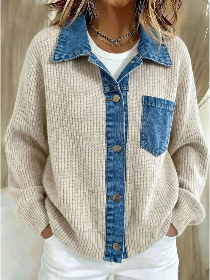 Denim Trim Button Up Cardigan for Women