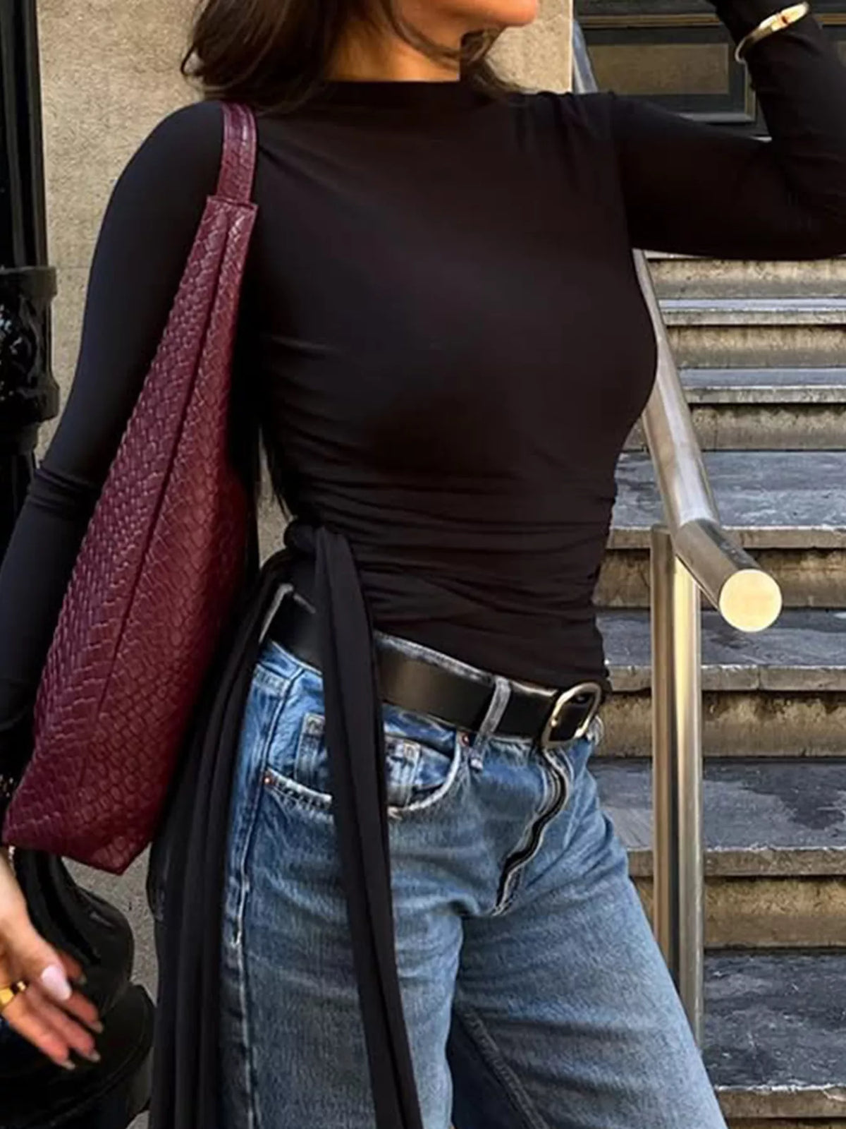 Side Tie Mock Neck Long Sleeve T-Shirt