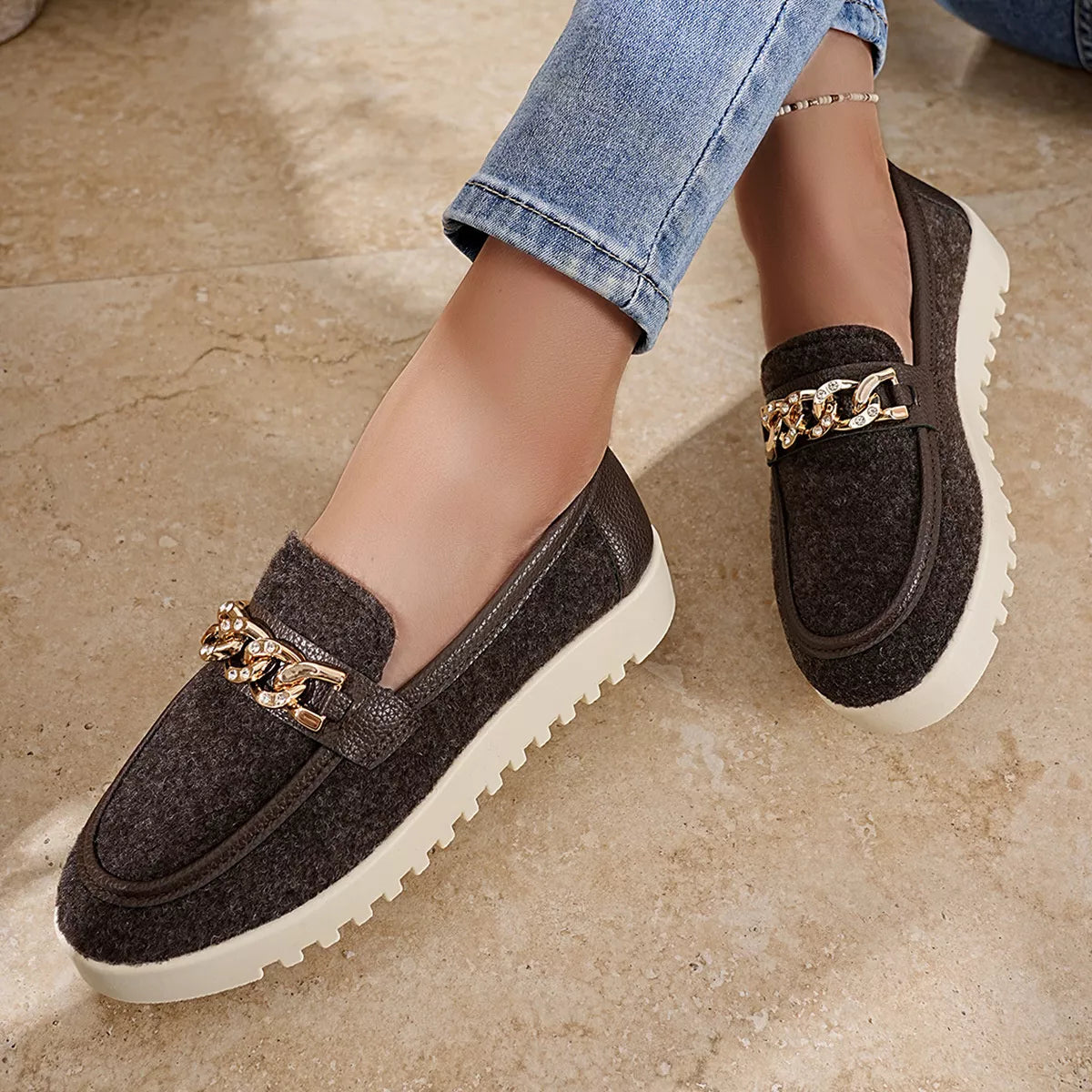 Chain Detail Platform Slip-On Shoes