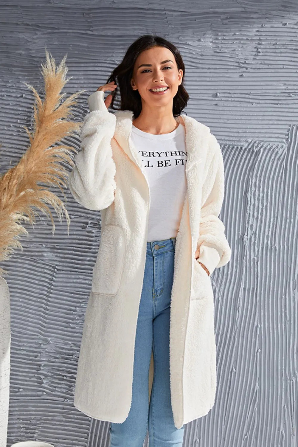 Double Take Women's Full Size Hooded Teddy Bear Jacket with Thumbholes