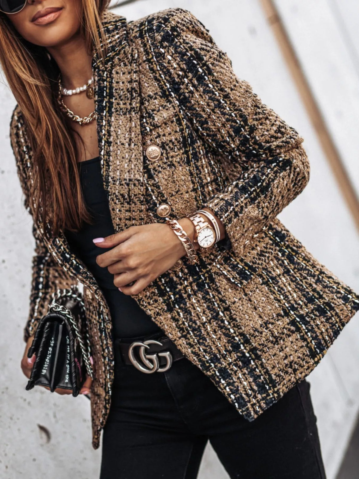 Full Size Plaid Tweed Double-Breasted Blazer for Women Plus Size
