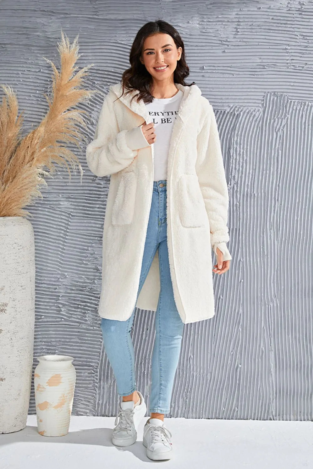 Double Take Women's Full Size Hooded Teddy Bear Jacket with Thumbholes