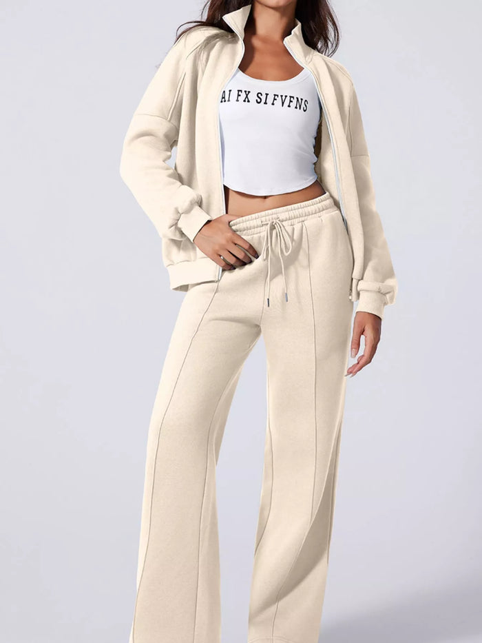 Women's Drop Shoulder Zip Up Jacket and Drawstring Pants Active 2pcs Set