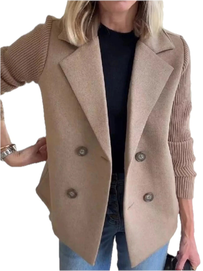 Full Size Knitted Sleeve Wool Blend Double-Breasted Blazer for Women Plus Size