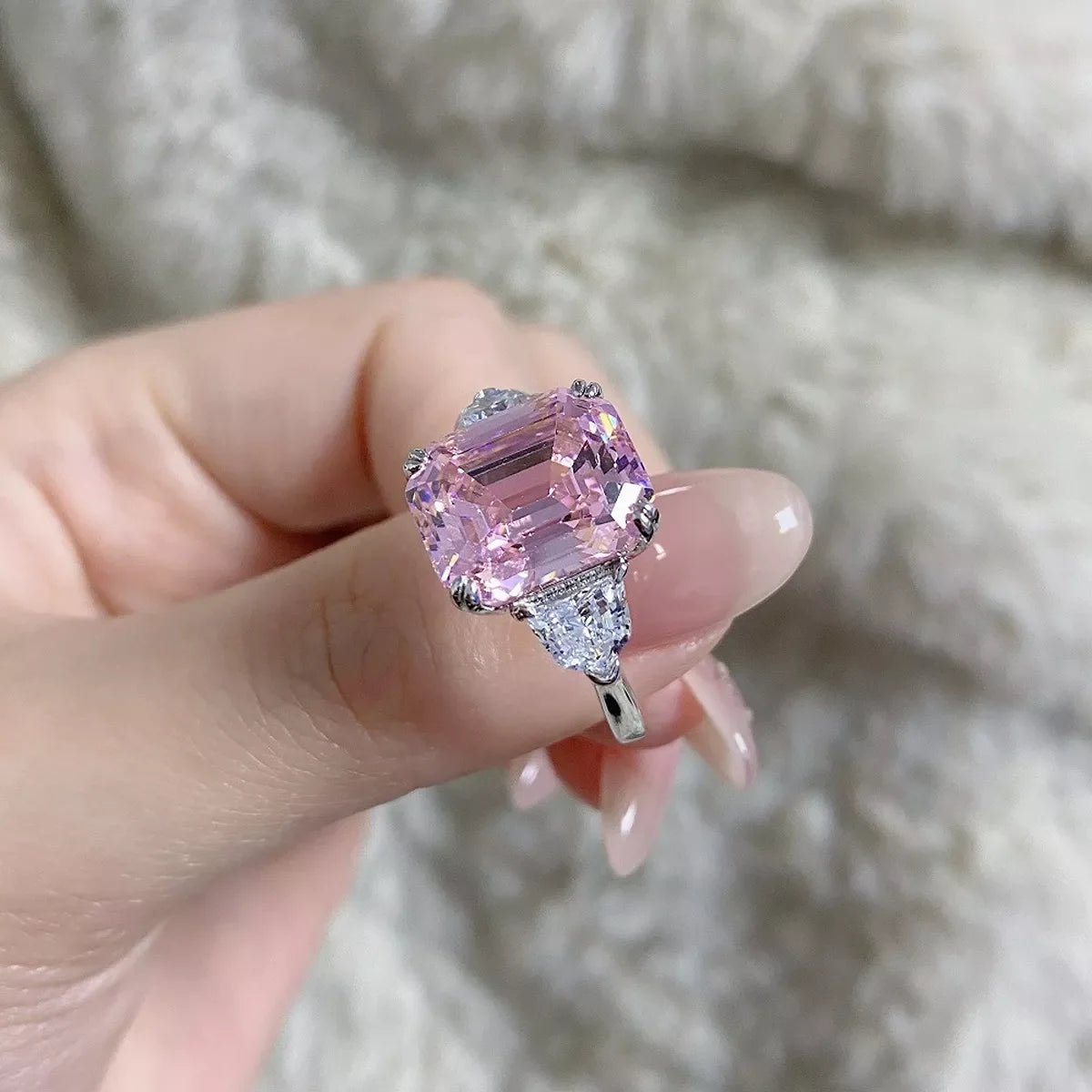 925 Sterling Silver Zircon Geometric Ring for Women in Blush Pink