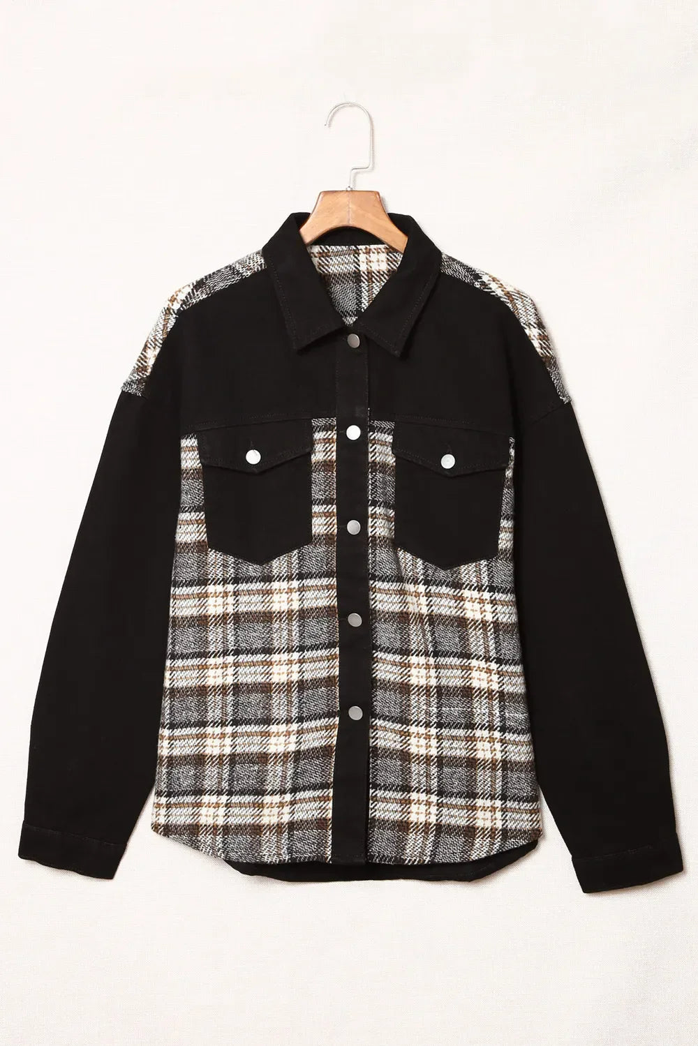 Women's Plaid Pocketed Button Up Denim Jacket