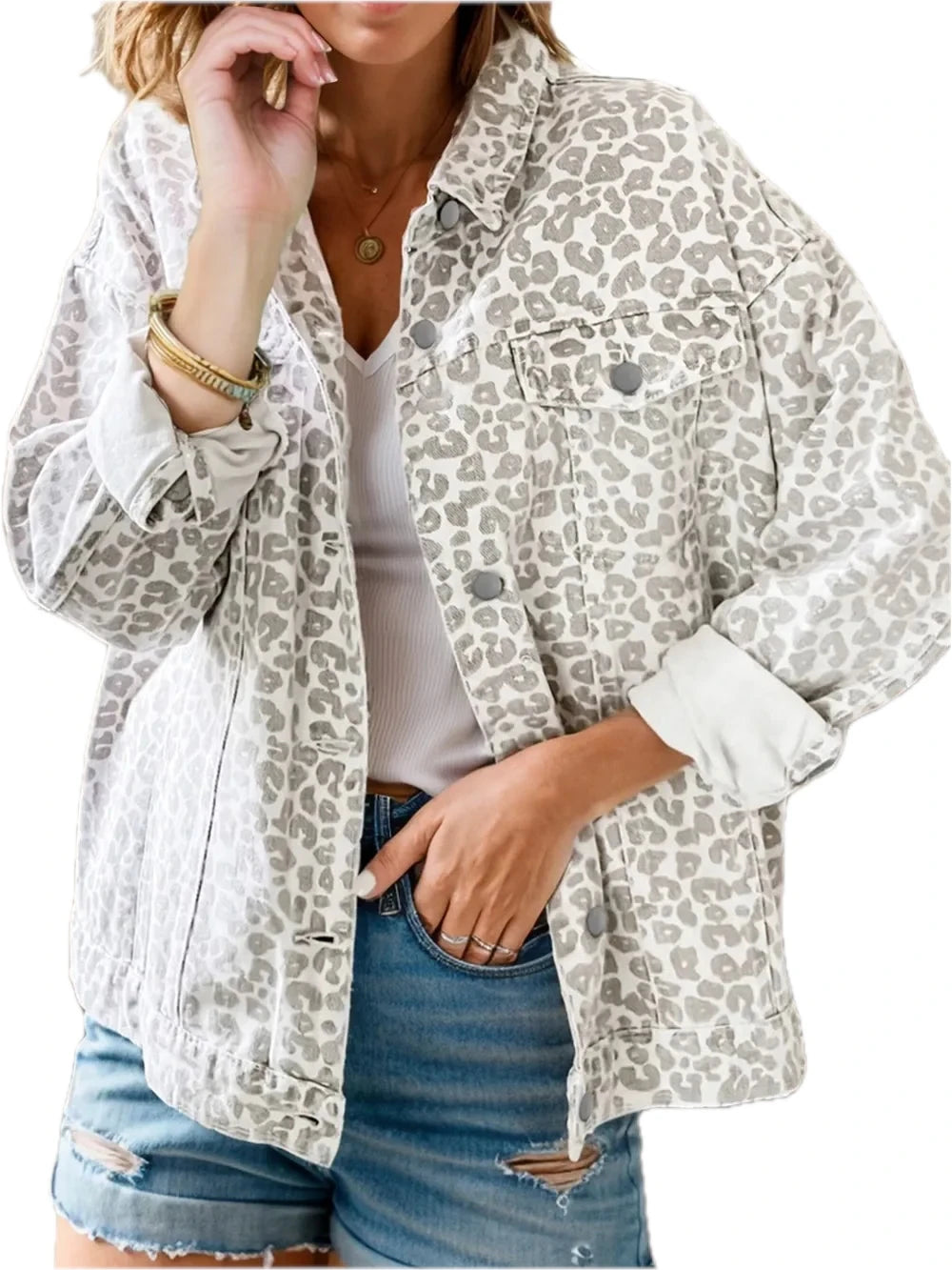 Leopard Button Up Long Sleeve Denim Jacket