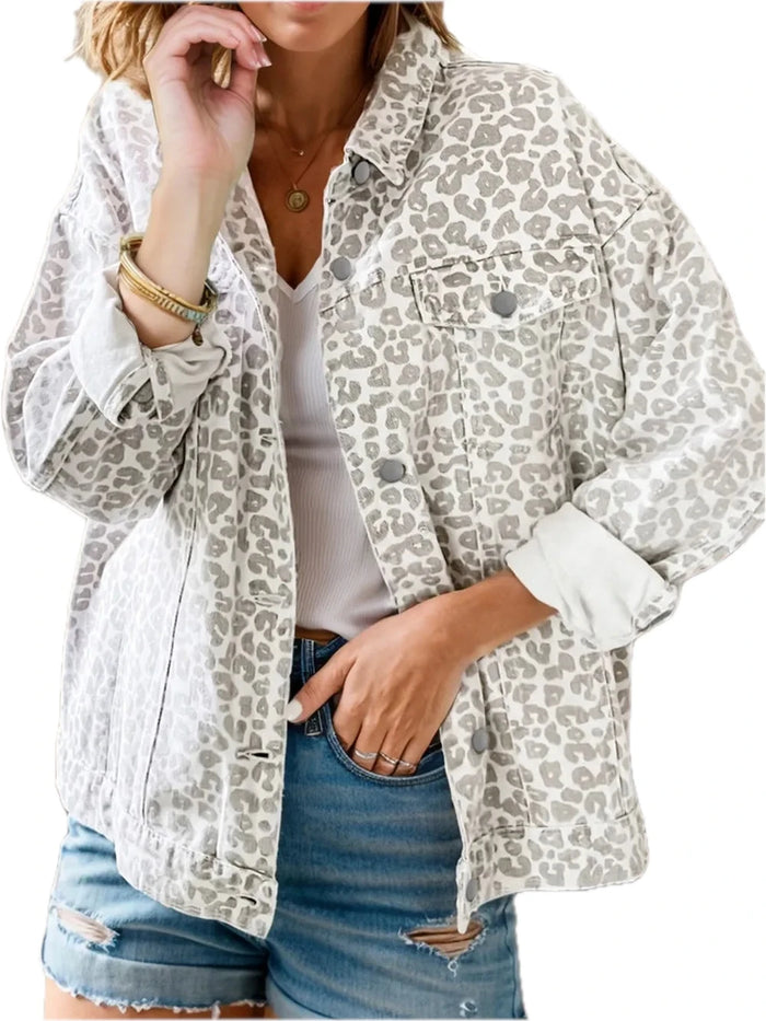 Leopard Button Up Long Sleeve Denim Jacket