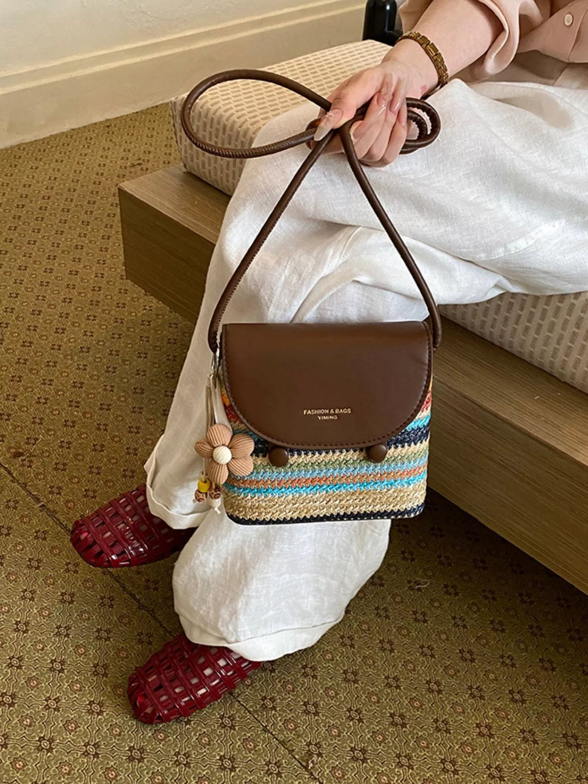 PU Leather Striped Woven Crossbody Bag