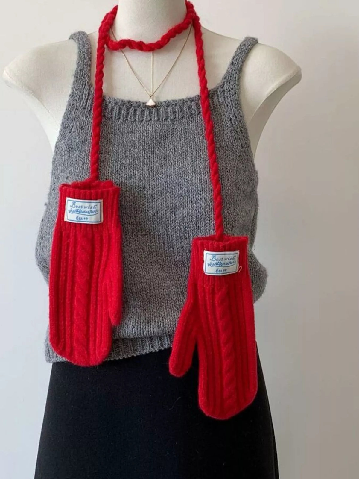Cable Knitted Mittens with Neck Strap
