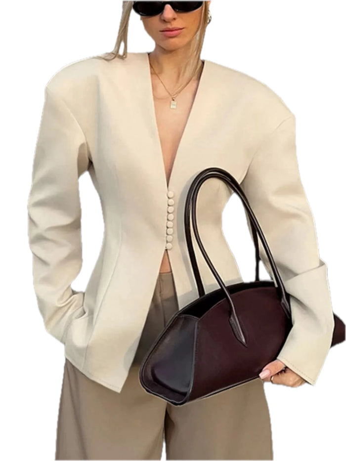 Women's V-Neck Button-Up Blazer with Structured Shoulders