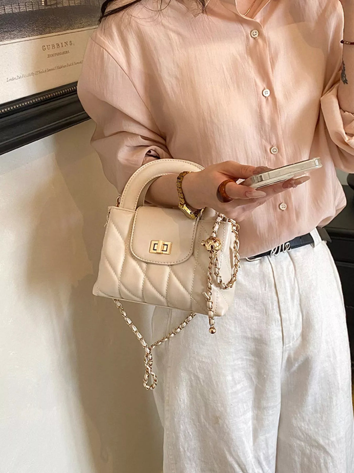 Quilted Chain Crossbody Bag for Women in Cream
