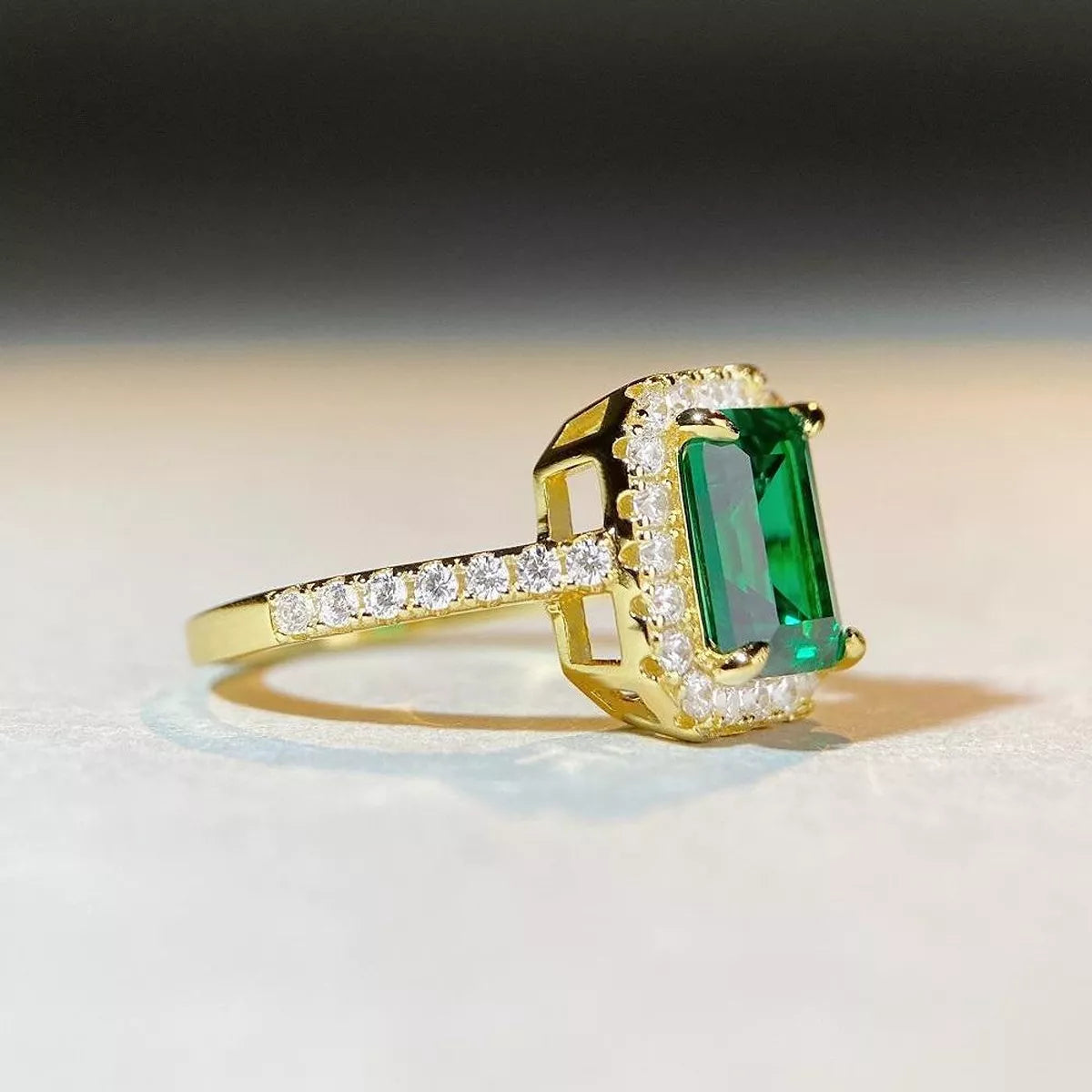 18K Gold-Plated 925 Sterling Silver Zircon Geometric Ring for Women in Dark Green