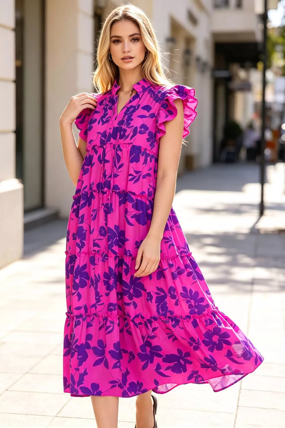 Oh Full Size Floral Ruffled Cap Sleeve Loose Flowy Summer Vacation Tiered Midi Dress for Women Plus Size