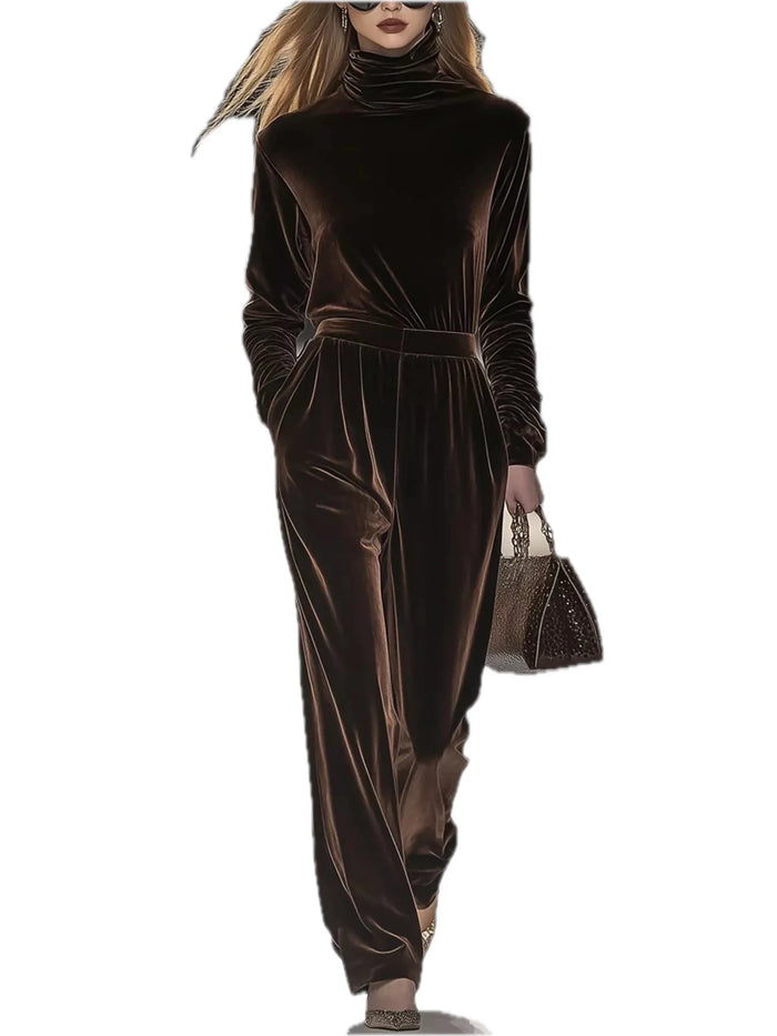 Full Size Velvet Turtleneck Long Sleeve Top and Wide-Leg Pants Set for Women Plus Size