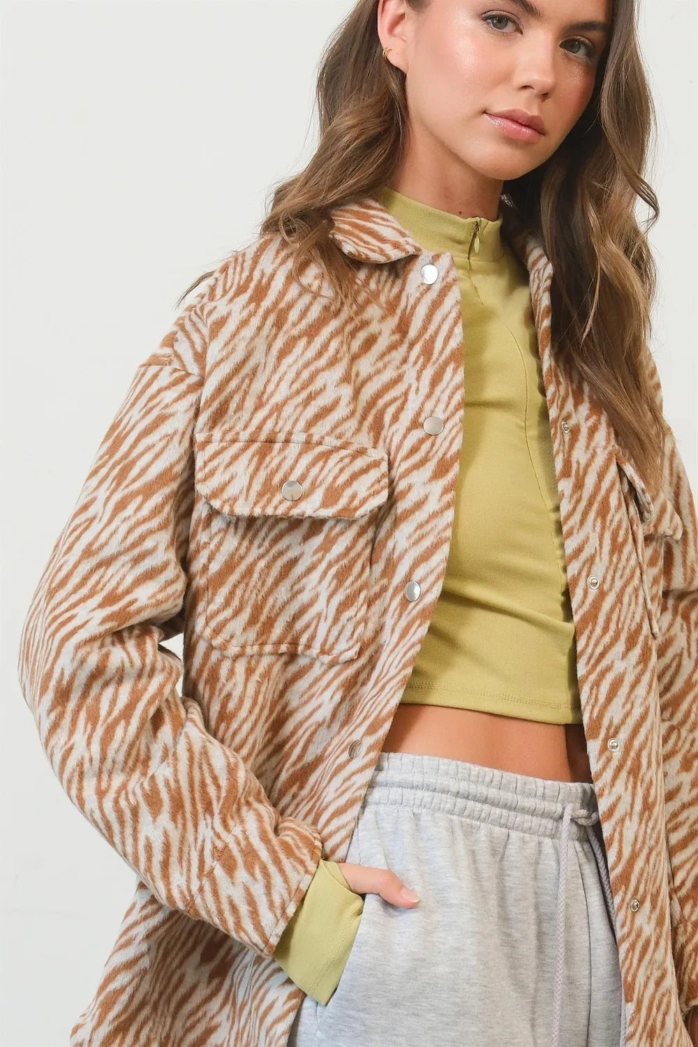HYFVE Zebra Snap Down Shacket in Camel