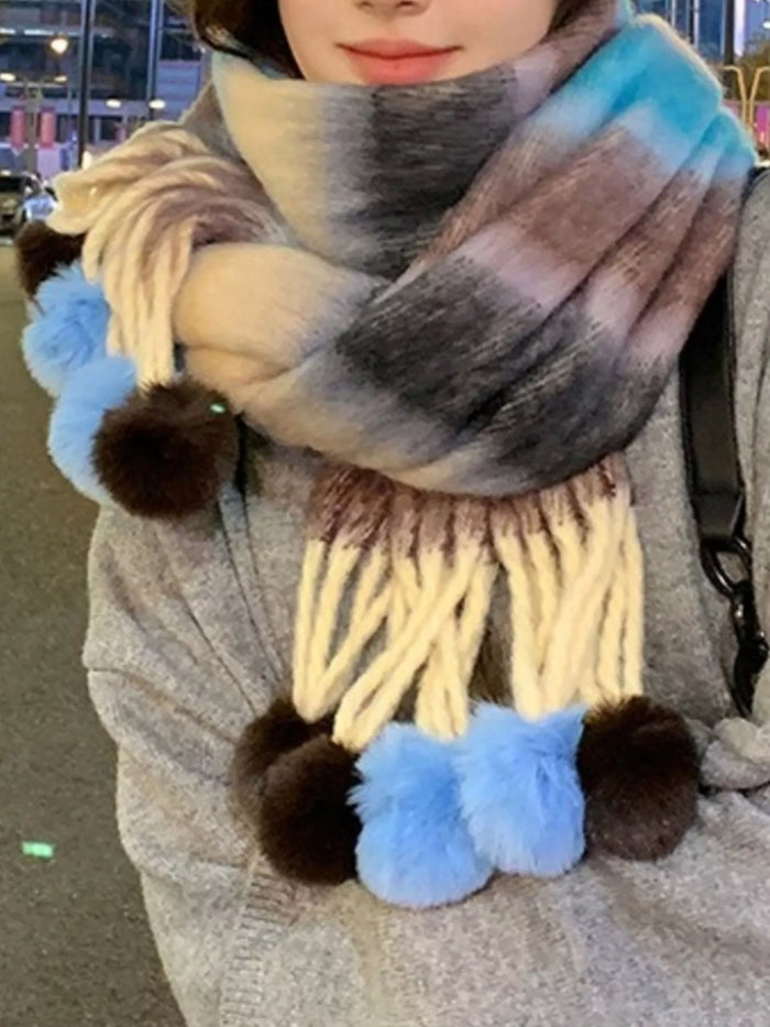 Striped Scarf for Women with Pom-Poms