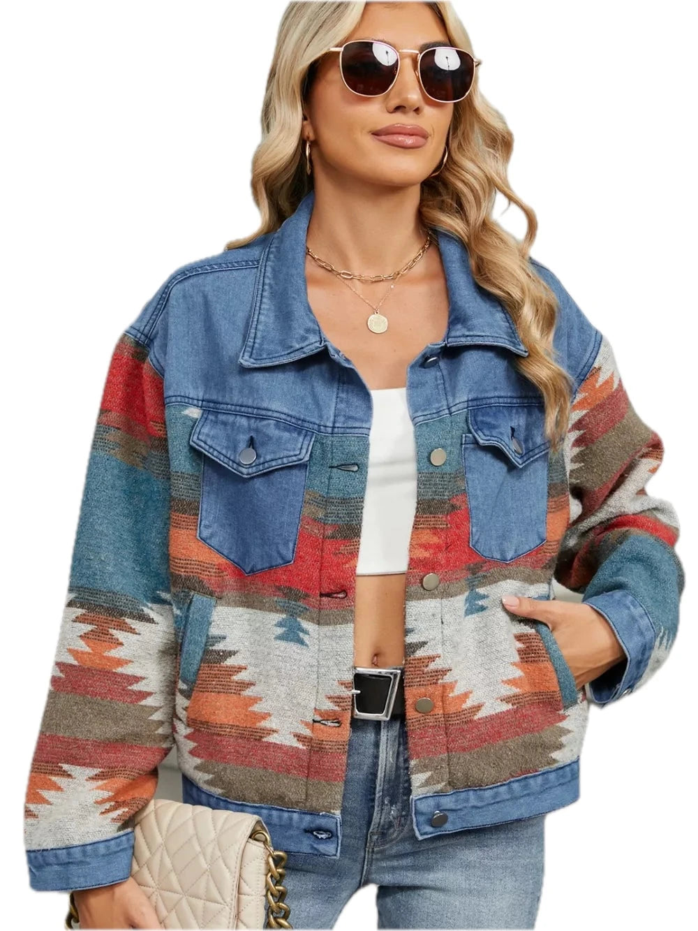 Geometric Long Sleeve Denim Jacket