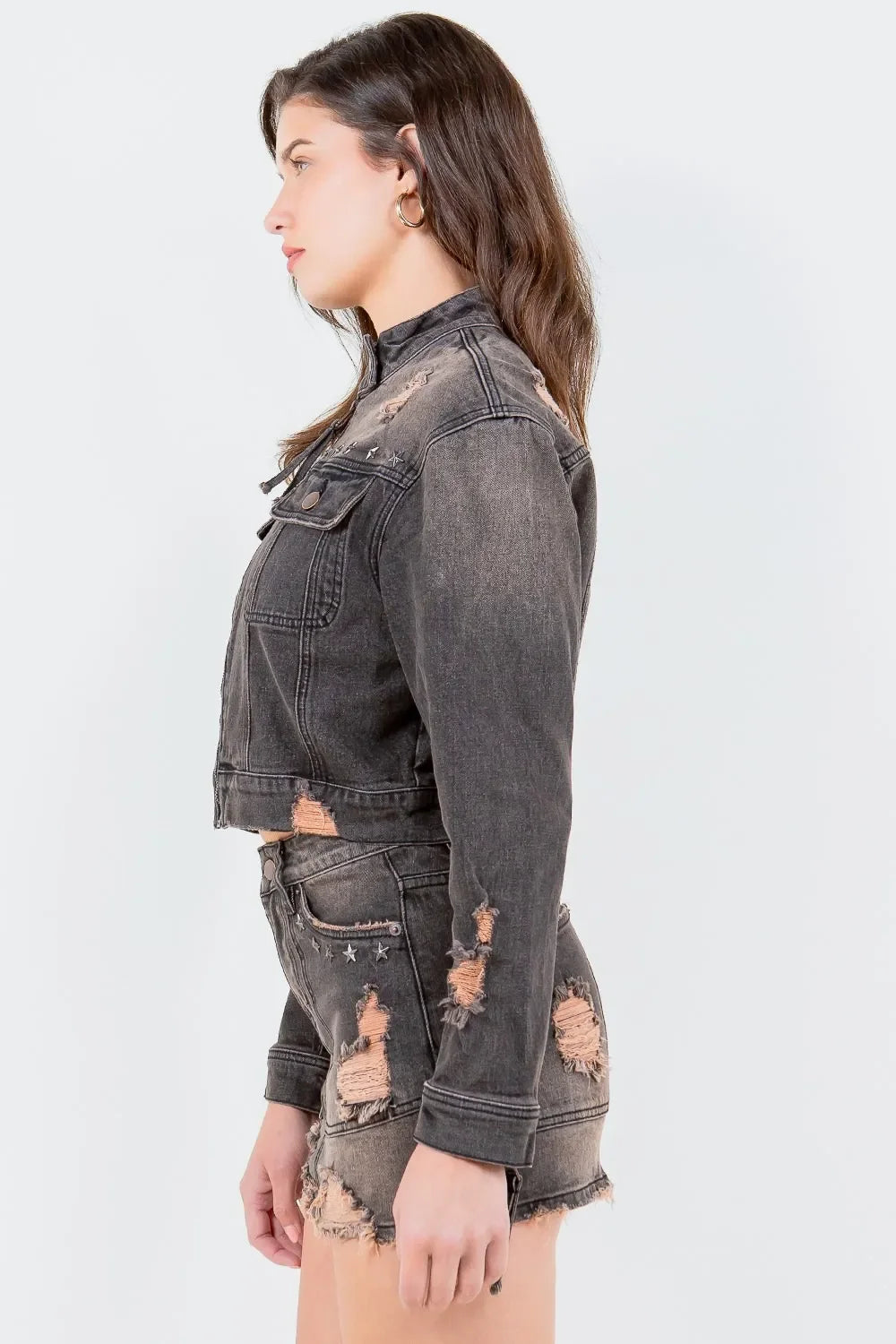 American Bazi Full Size Distressed Star Stud Trim Denim Rider Jacket for Women Plus Size