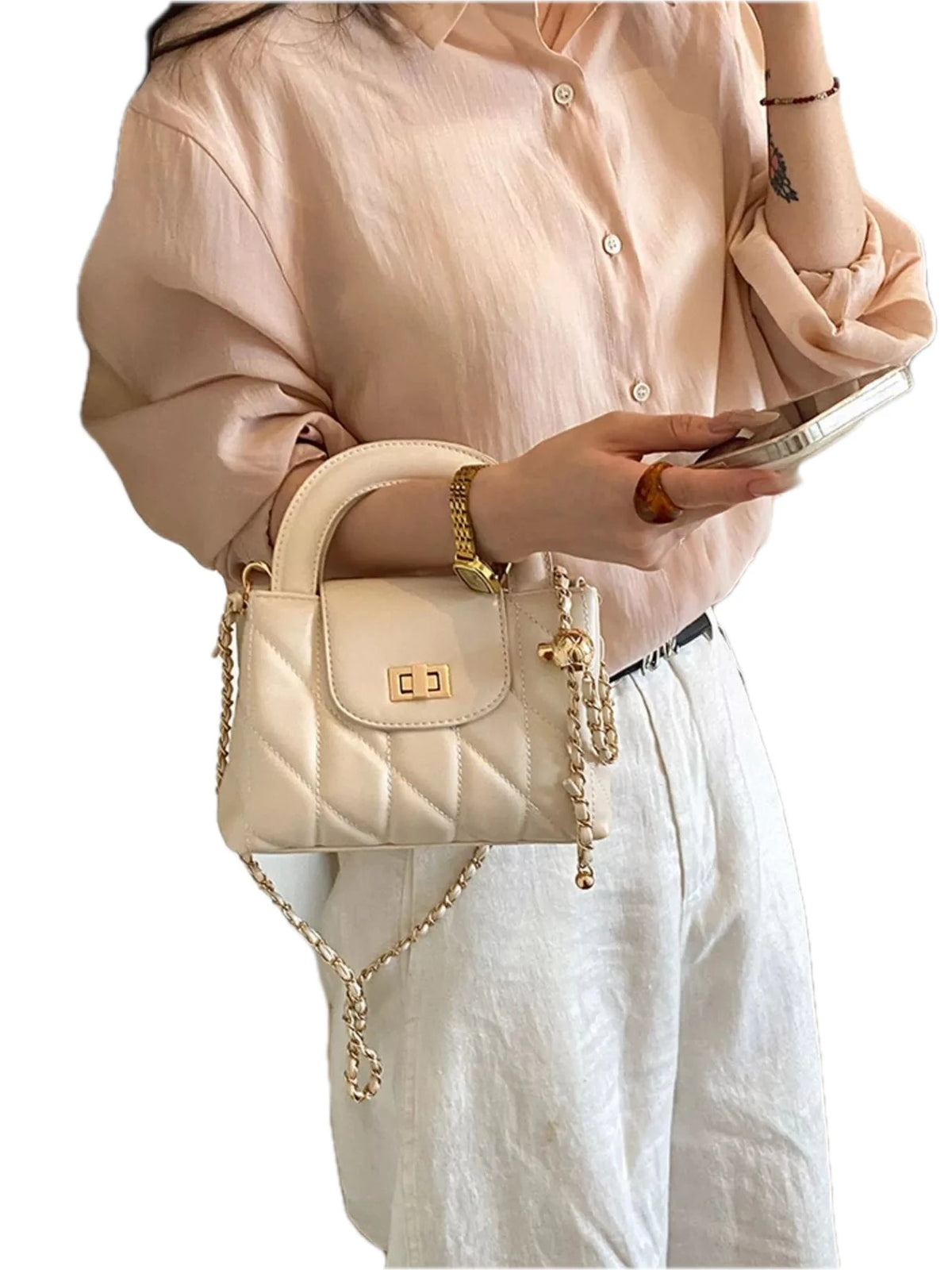 Quilted Chain Crossbody Bag for Women in Cream