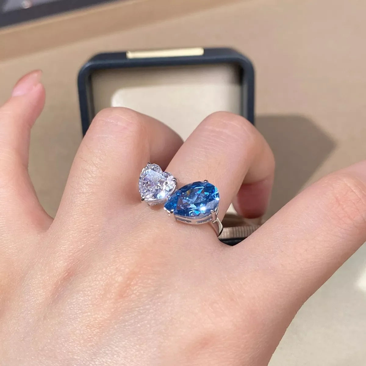 Heart and Teardrop Shaped Dual-Stone Open Ring for Women