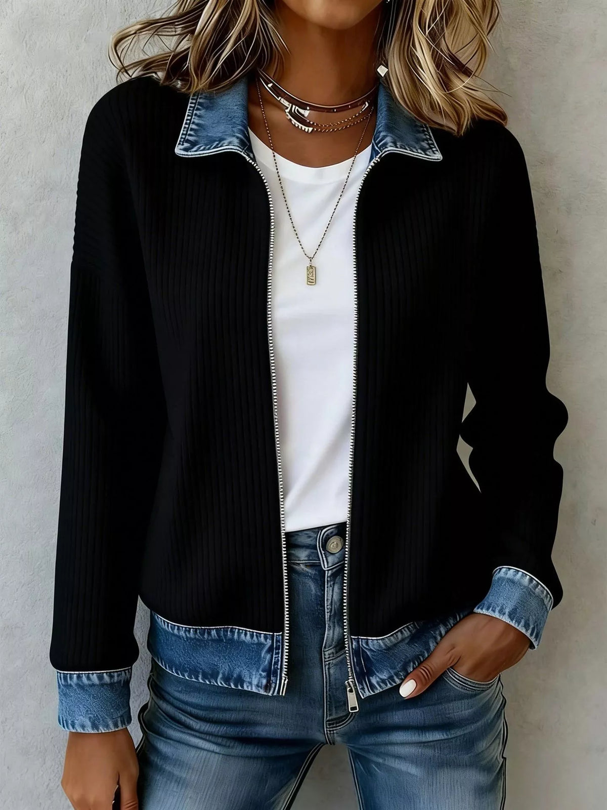 Contrast Denim Collar Knit Jacket