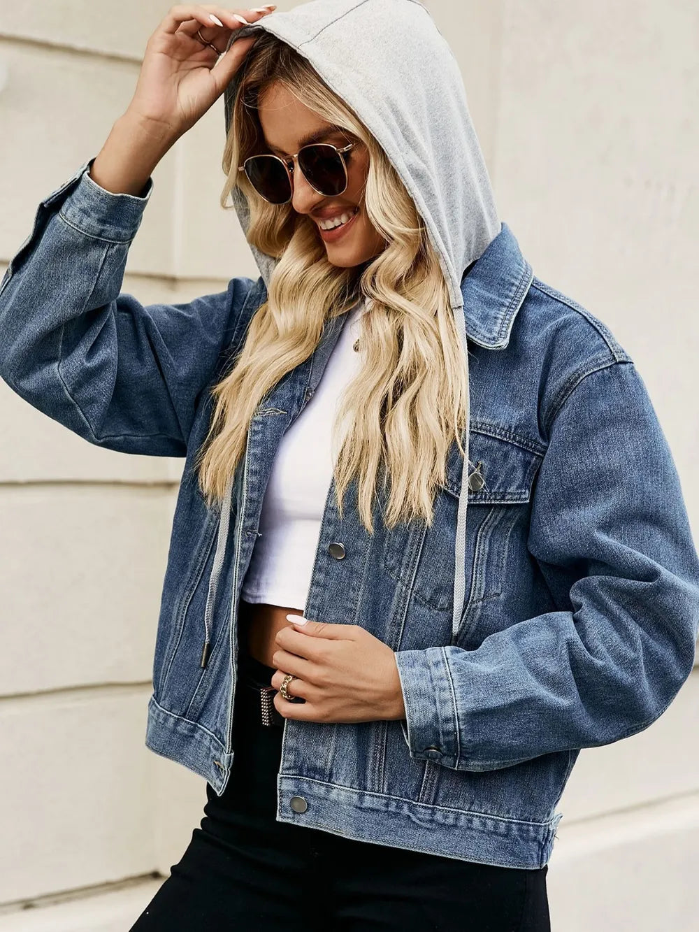 Drawstring Hooded Denim Jacket