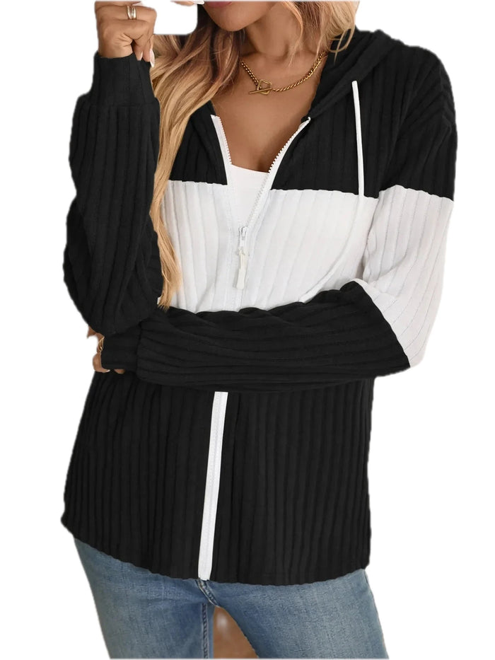 Drawstring Color Block Zip Up Outerwear