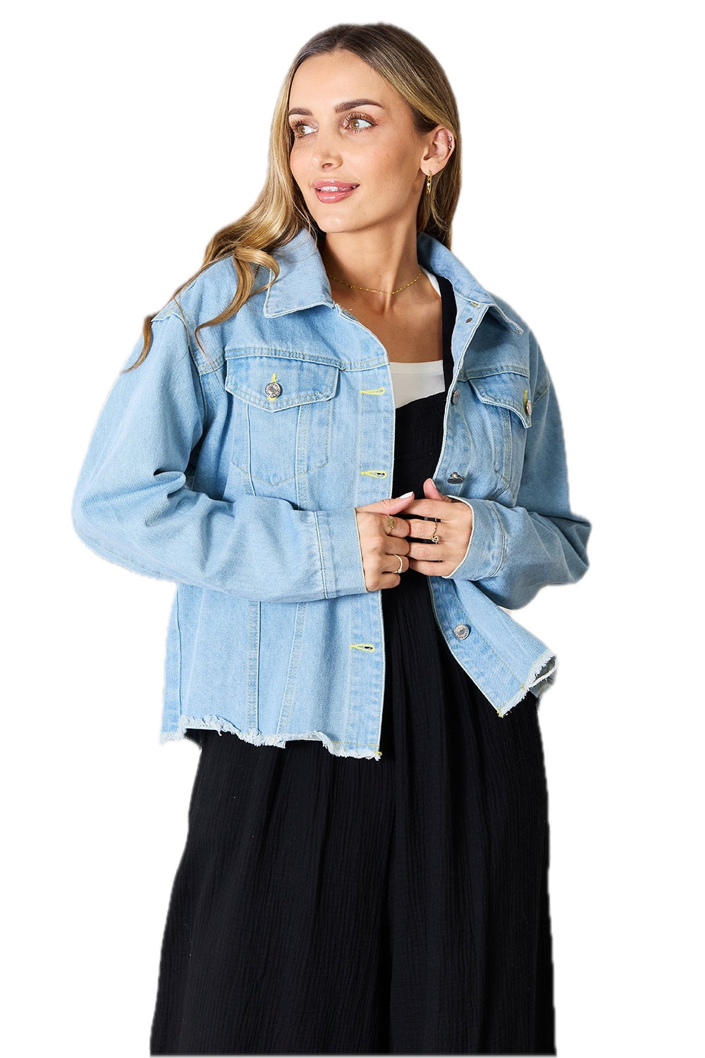 Double Take Women's Dropped Shoulder Raw Hem Denim Jacket