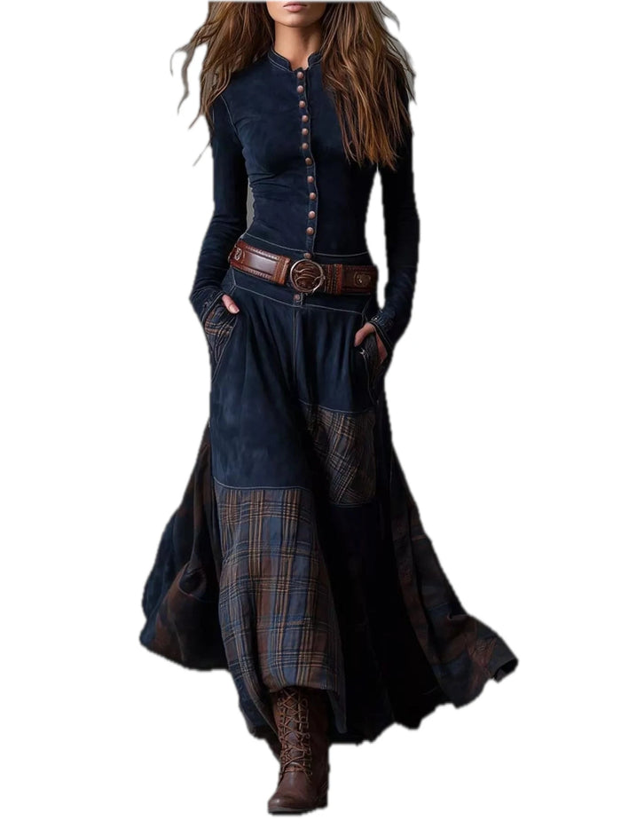 Full Size Button Front Plaid Patchwork Maxi Dress for Women Plus Size