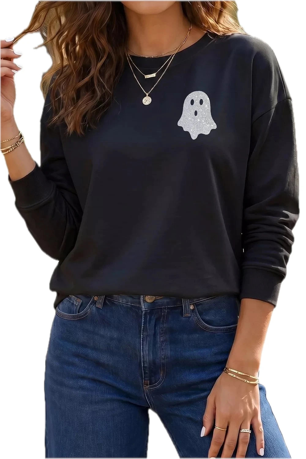 Women's Crew Neck Ghost Print Regular Fit Graphic Long Sleeve T-Shirt