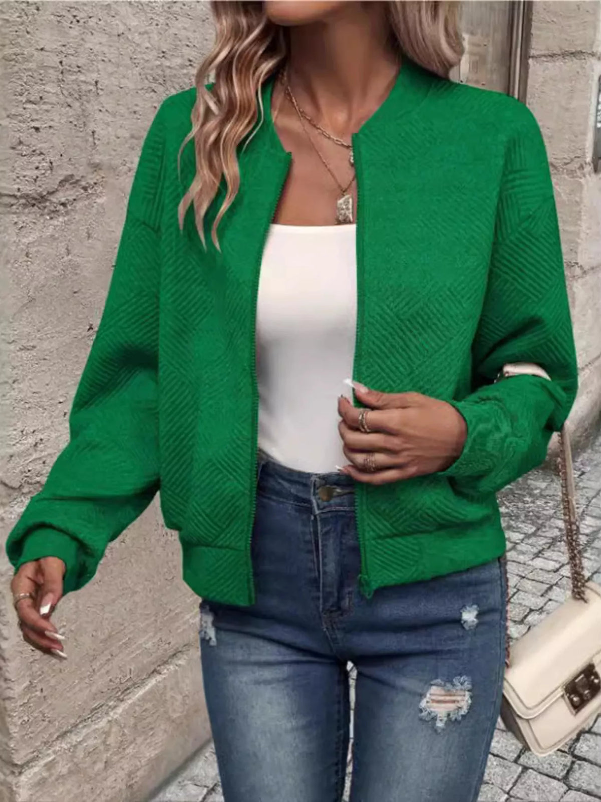 Textured Knit Zip Up Jacket