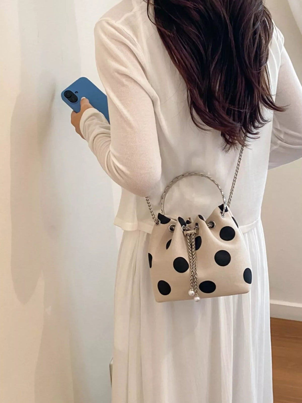PU Leather Polka Dot Bucket Crossbody Bag