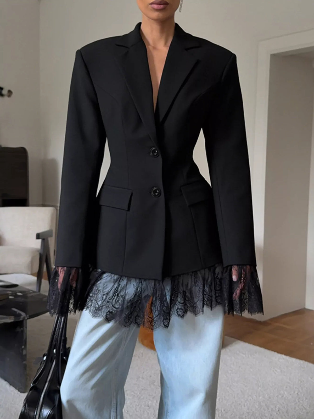 Lace Hem Lapel Blazer