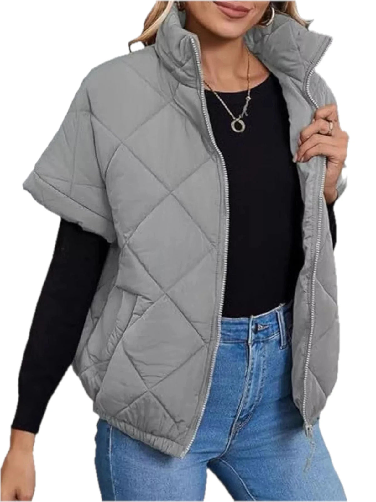 Women's Quilted Zip Up Short Sleeve Winter Coat